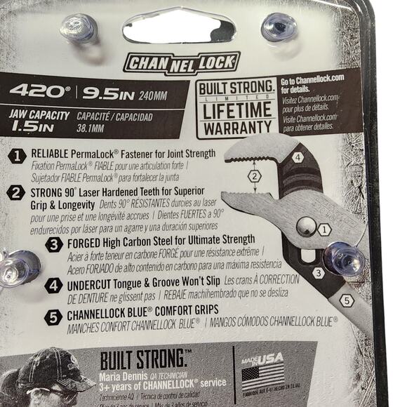 NIP Channel Lock Tongue and Groove Straight Jaw Pliers 9.5" #420 Made in USA NEW - Picture 4 of 5